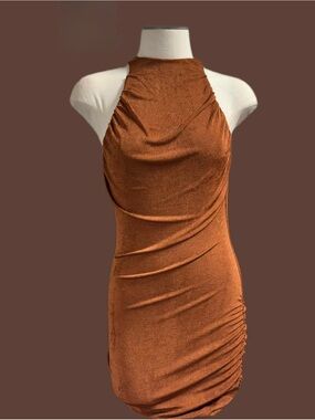 Sleek Halter Ruched Mini Dress in Copper Brown